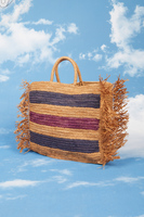 Large Striped Raffia Tote Bag with Fringe Trim  image