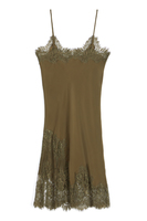 Khaki green silk slip dress with lace trim image