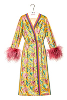 Floral print velvet wrap dress with feathered cuffs  image