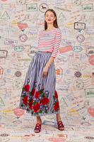 Roses embroidered blue and white striped skirt  image