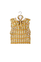 Mustard yellow abstract floral printed top with flounces  image