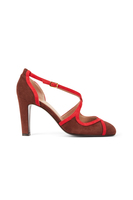 Chocolate brown and berry red suede pumps image