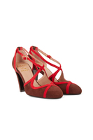 Chocolate brown and berry red suede pumps image