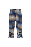 Navy blue and pale yellow diamond print trousers image