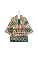 Beige and emerald green mixed pattern print velvet jacket image