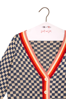 Ivory and navy checkerboard jacquard cardigan image