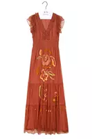 Chestnut brown long embroidered tulle dress  image