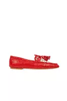Red and White Woven Leather Loafers  image