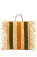 Sage and pumpkin striped raffia tote bag with fringes image