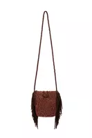 Chocolate brown textured bucket bag with fringes image