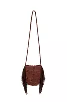 Chocolate brown textured bucket bag with fringes image