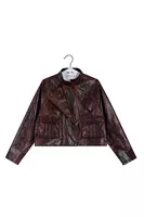 Wine Snakeskin Print Faux Leather Biker Jacket  image