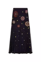 Floral and Dot Embroidered Navy Blue Tulle Skirt  image