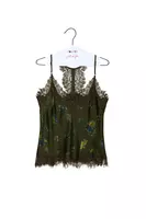 Khaki Green Painterly Floral Print Silk Camisole with Lace Trim image