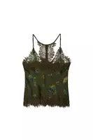 Khaki Green Painterly Floral Print Silk Camisole with Lace Trim image