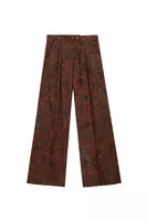 Pumpkin Orange and Khaki Green Floral Print Corduroy Trousers  image