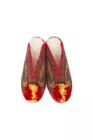 Grey and Red Embroidered Pom Pom Slippers  image