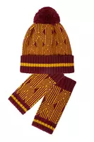 Wine and Mustard Geometric Knit Hat and Fingerless Gloves Set image