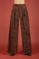 Pumpkin Orange and Khaki Green Floral Print Corduroy Trousers  image