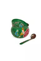 Emerald Green Hand Painted Sugar Bowl with Spoon image