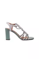 Pearl Grey Sandals with Knotted Straps and Patent Jade Green Heels  image