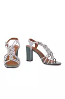 Pearl Grey Sandals with Knotted Straps and Patent Jade Green Heels  image