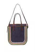 Borsa Tote in Denim Blu con Finiture in Rafia Arcobaleno image