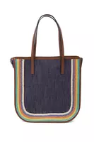 Borsa Tote in Denim Blu con Finiture in Rafia Arcobaleno image