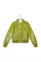 Oil Green Crinkled Faux Patent Leather Bomber Jacket  image