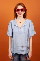 Sky Blue Floral Cross Stitch Embroidered Blouse  image