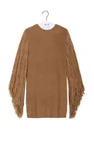 Camel Knit Mini Dress with Fringed Sleeves image